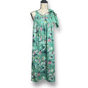 Bellambra L Linen Green Floral Midi Dress Made in Italy Bow Tie Neck Boho Chic
